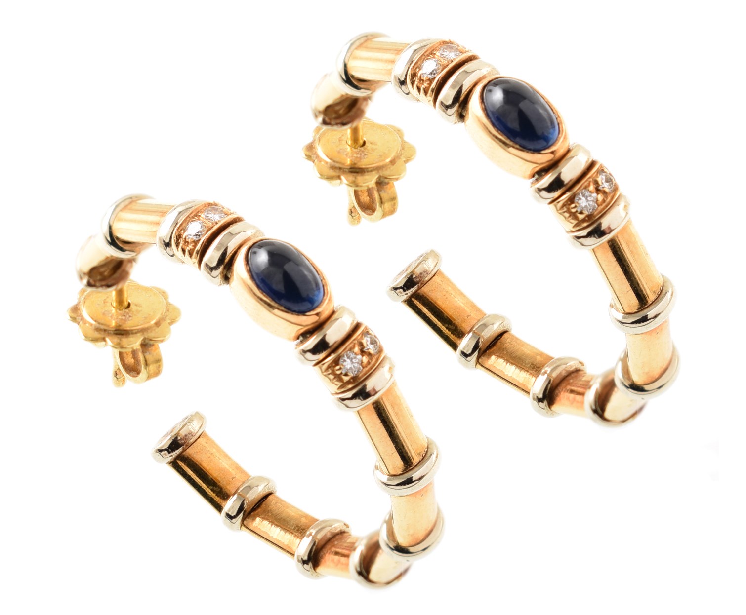 Pair of sapphire and diamond 18ct yellow gold bamboo hoop earrings , oval cabochon blue sapphire