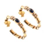 Pair of sapphire and diamond 18ct yellow gold bamboo hoop earrings , oval cabochon blue sapphire