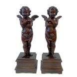 A pair of Victorian carved mahogany cherubs. On square mahogany bases. 100 x 34 cm. For a