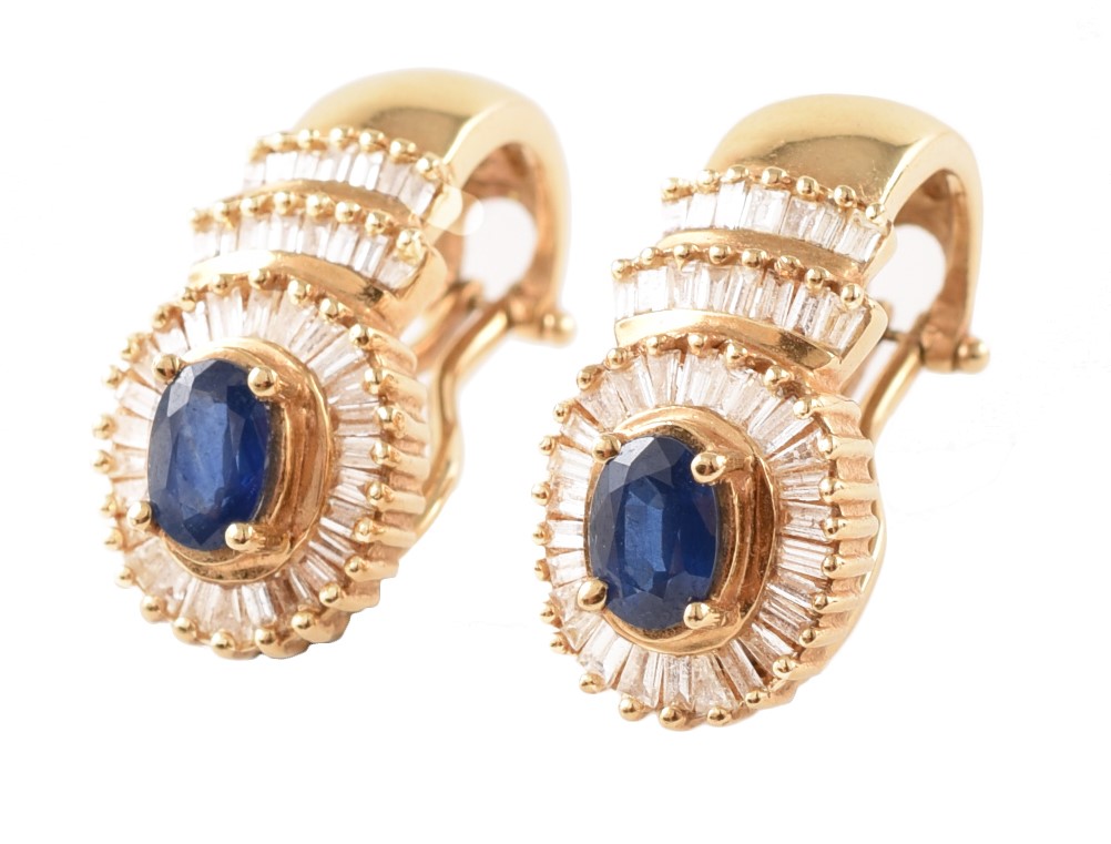 Sapphire and diamond oval cluster 14ct gold curved earrings , the two central oval mixed cut blue