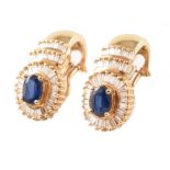 Sapphire and diamond oval cluster 14ct gold curved earrings , the two central oval mixed cut blue