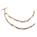 15ct yellow gold double Albert Chain , comprising two trombone link chains to T-bar link, each