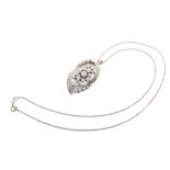 Oval diamond fancy cluster white gold pendant and chain , comprising a total of 55 round brilliant