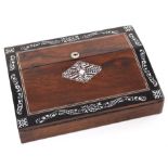 An early Victorian rosewood and mother of pearl writing slope. With ebonised cross-banding inlaid