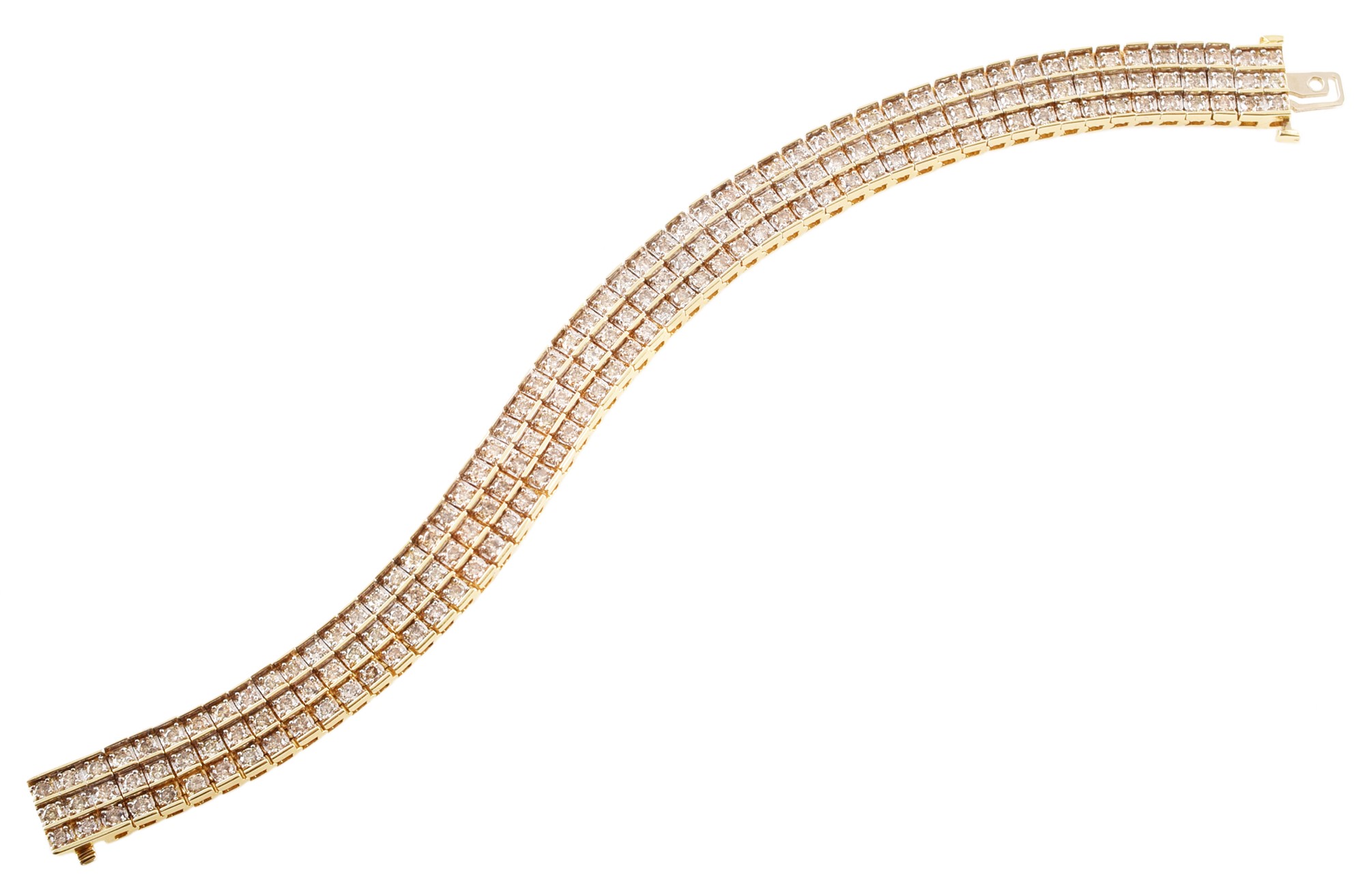 14ct gold three-row diamond line bracelet , a total of 168 round brilliant cut diamonds, total