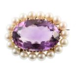 Amethyst and cultured pearl 9ct gold oval cluster brooch , central oval mixed cut amethyst approx.