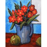 David Barnes (1943-), "A Jug of Flowers with Apples", signed on verso, oil on board, 39.5 x 29.