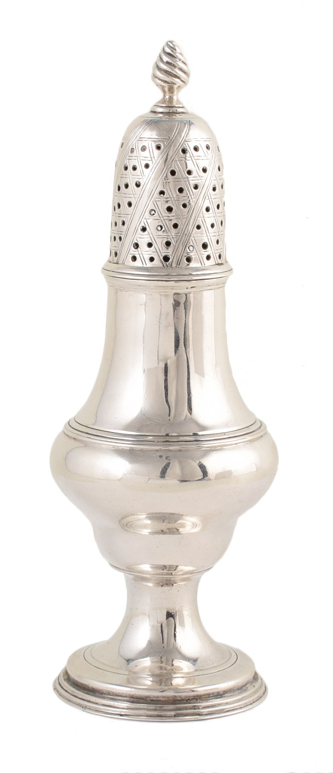 Irish silver sugar shaker, plain polished baluster form on pedestal foot, pierced decoration lid