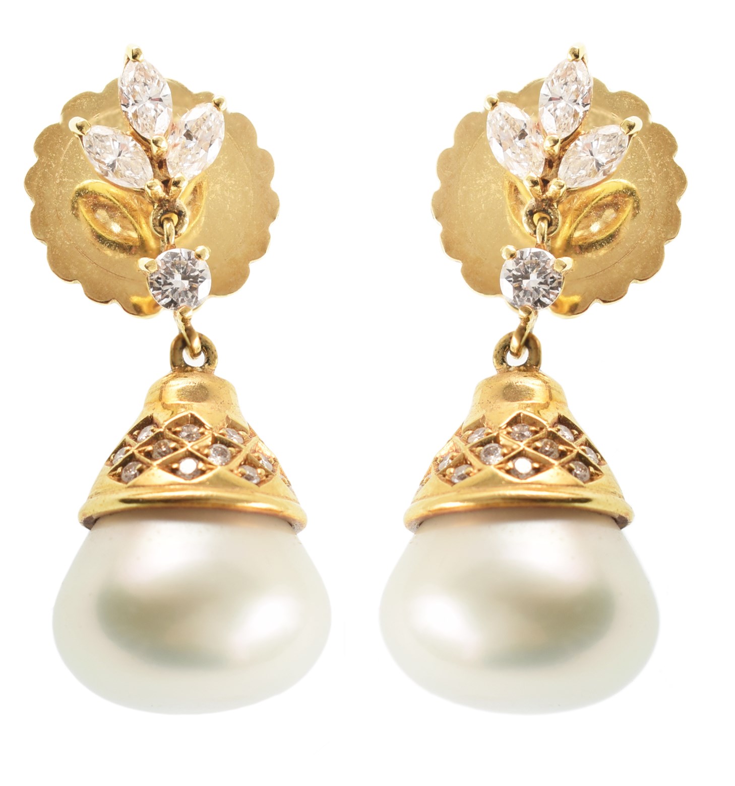 Pair of cultured pearl and diamond set 18ct gold drop earrings , the bell shaped cultured pearl