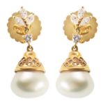 Pair of cultured pearl and diamond set 18ct gold drop earrings , the bell shaped cultured pearl