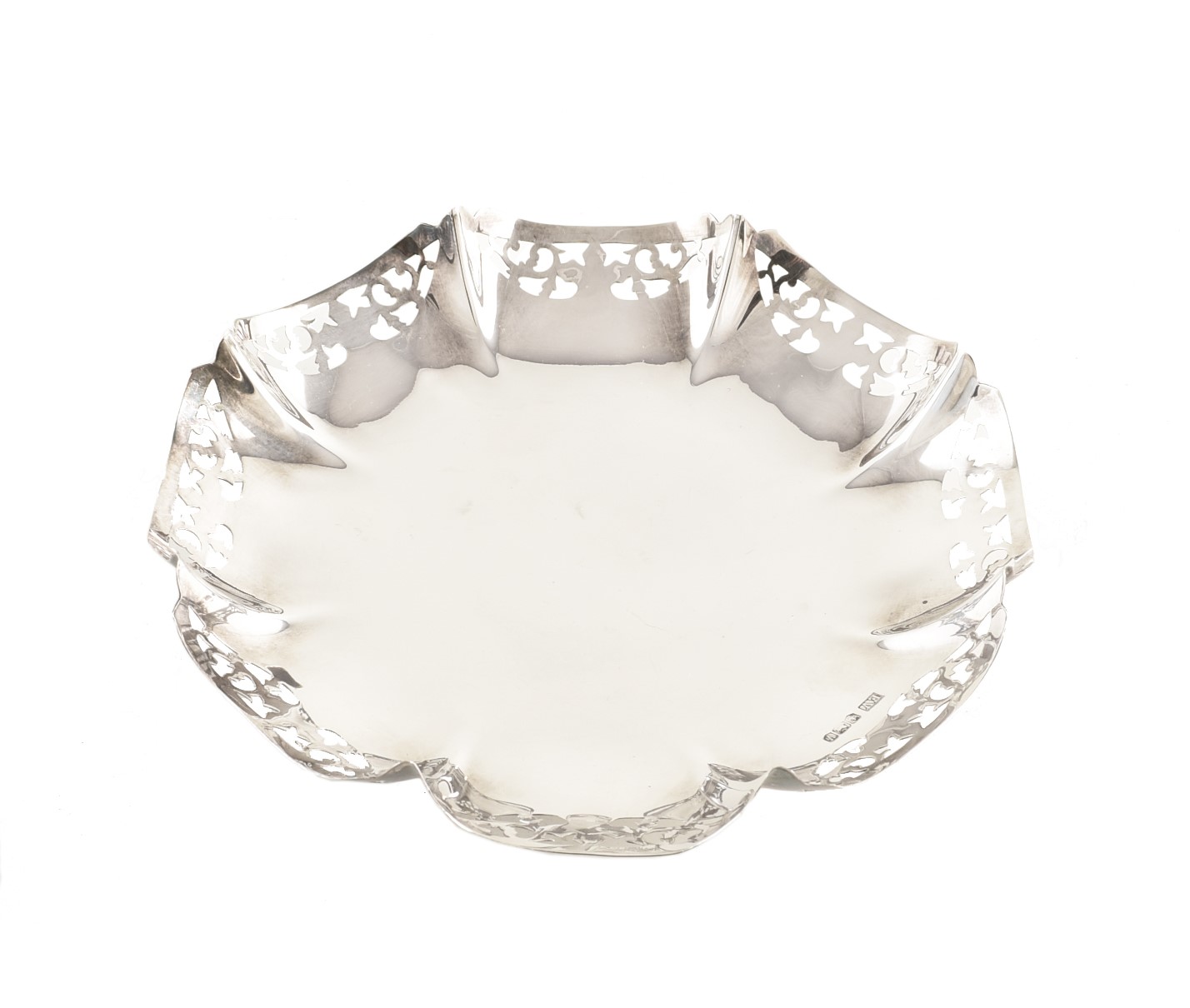 Silver bon bon dish by Emile Viner , plain polished octagonal form with pinched corners and