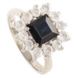 Sapphire and diamond square cluster 18ct gold ring , central square step cut blue sapphire approx.