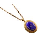 Victorian 18ct gold guilloche enamel locket, oval shaped locket with central domed guilloche