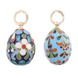 Two Russian silver cloisonné enamelled egg pendants , '84' Russian silver with multi-coloured flower
