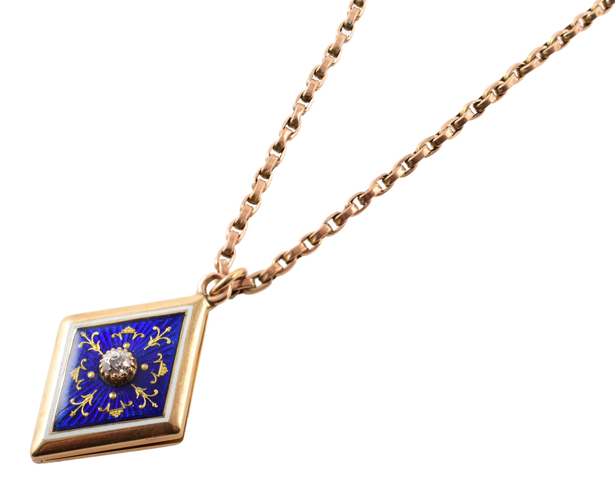 Edwardian diamond and enamel 18ct yellow gold locket , diamond shaped yellow gold locket with blue