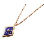 Edwardian diamond and enamel 18ct yellow gold locket , diamond shaped yellow gold locket with blue