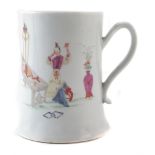 Worcester mug circa 1754, with flaring base and fluted scrolling handle, painted with Chinese