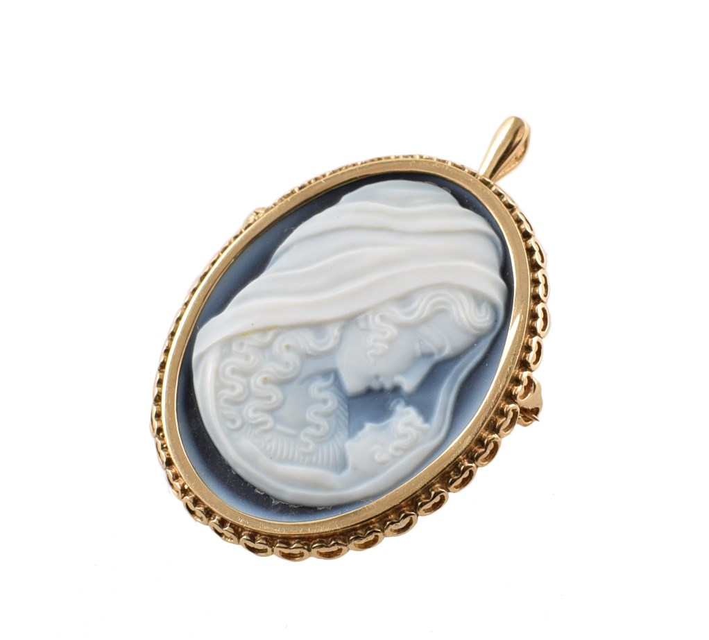 9ct gold hardstone cameo pendant brooch , the oval cameo of mother and child, blue background, bezel