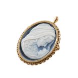 9ct gold hardstone cameo pendant brooch , the oval cameo of mother and child, blue background, bezel