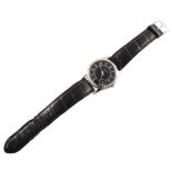 Patek Phillipe Calatrava white gold wristwatch on black leather strap, round black dial,