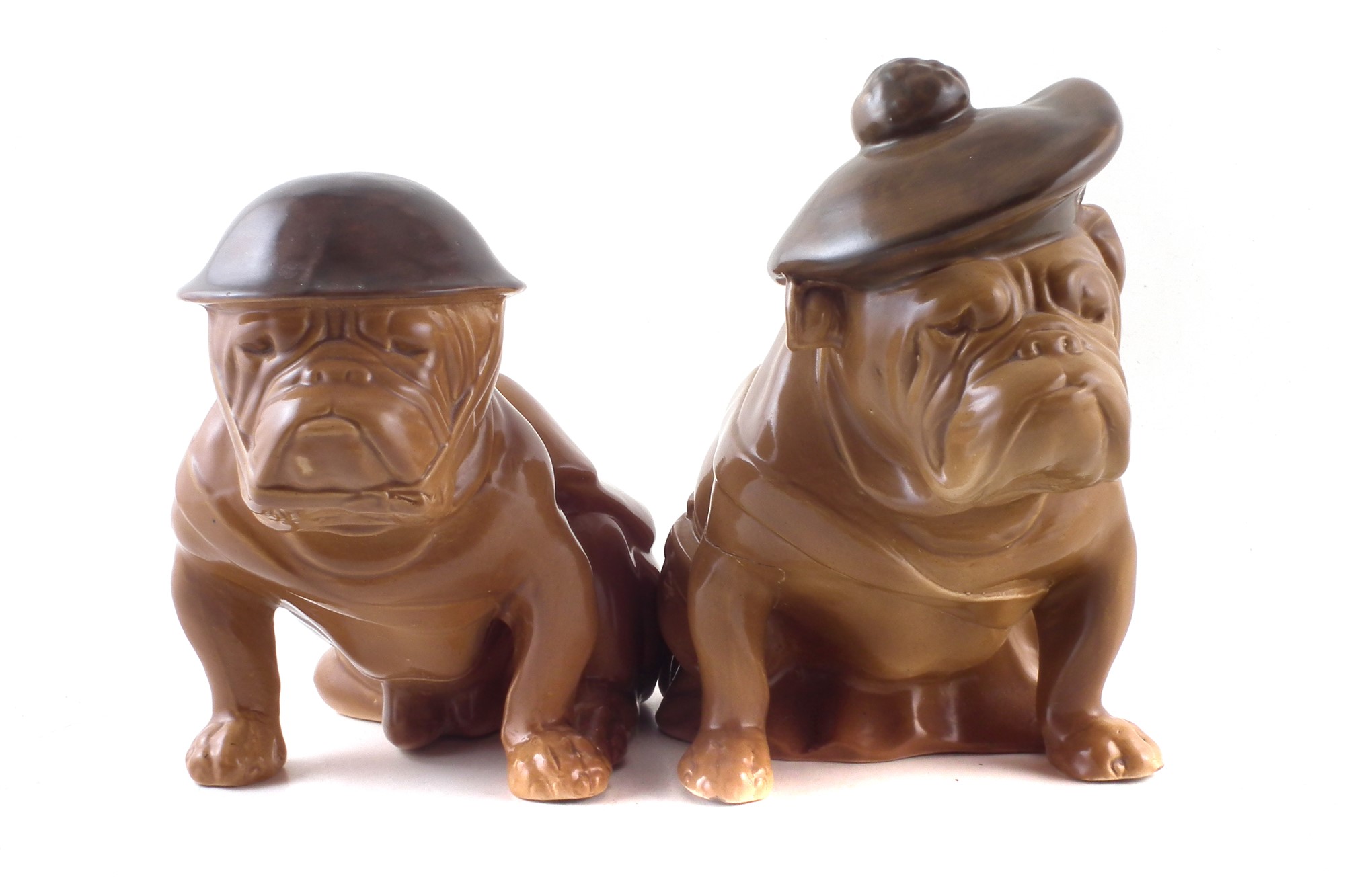 Royal Doulton Tam O'Shanter and Tommy Bulldogs , WW1 era, in drab green, (2) 18cm high For a
