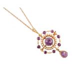 Edwardian amethyst and seed pearl 15ct gold drop pendant brooch and chain , the multi use pendant