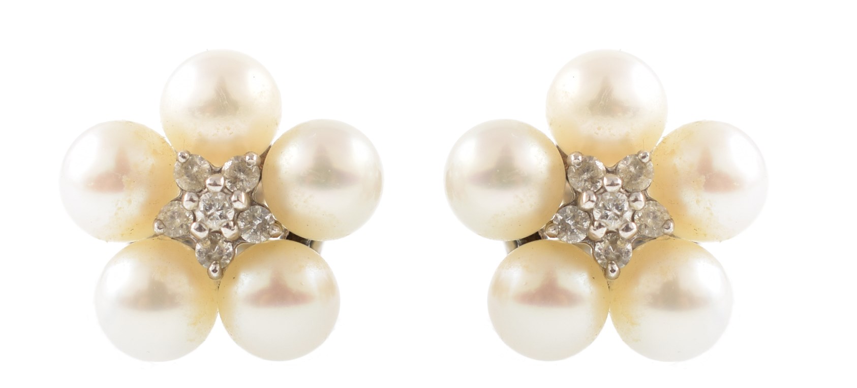 Pair of pearl and diamond flower head earrings , each comprising a cluster of 6 small mixed cut