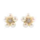 Pair of pearl and diamond flower head earrings , each comprising a cluster of 6 small mixed cut