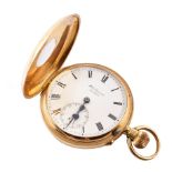 18ct gold J.W. Benson London half Hunter pocket watch, crown winding, 3/4 brass plate jewelled lever