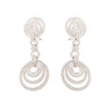 Pair of diamond triple hoop 18ct white gold drop earrings , the triple hoop drops and triple hoop