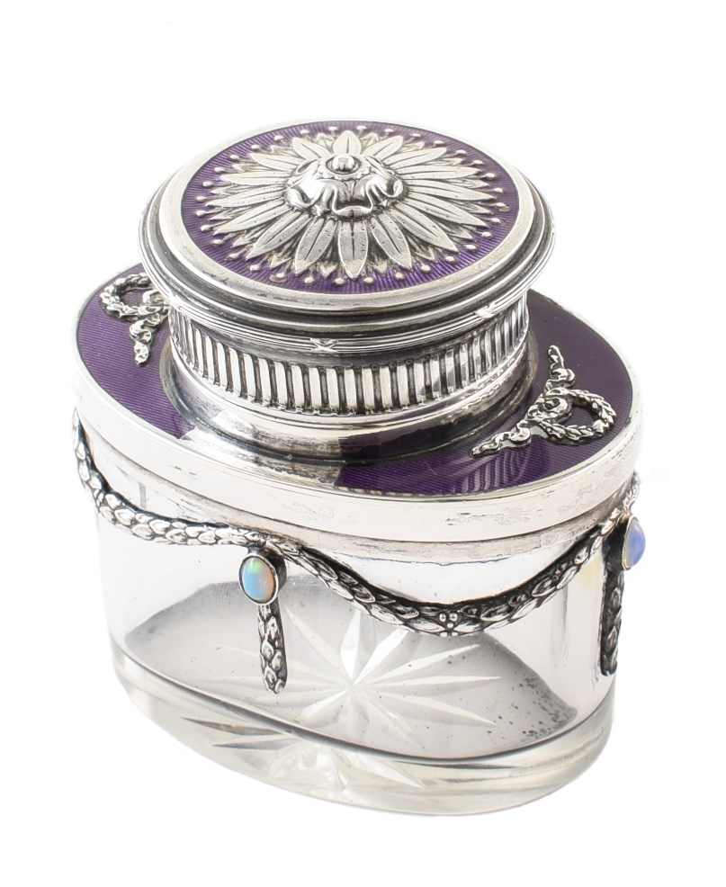 Austrian silver, glass and enamel inkwell , oval cylindrical body with cut design to base, silver