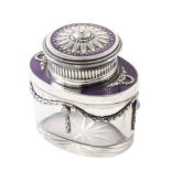 Austrian silver, glass and enamel inkwell , oval cylindrical body with cut design to base, silver