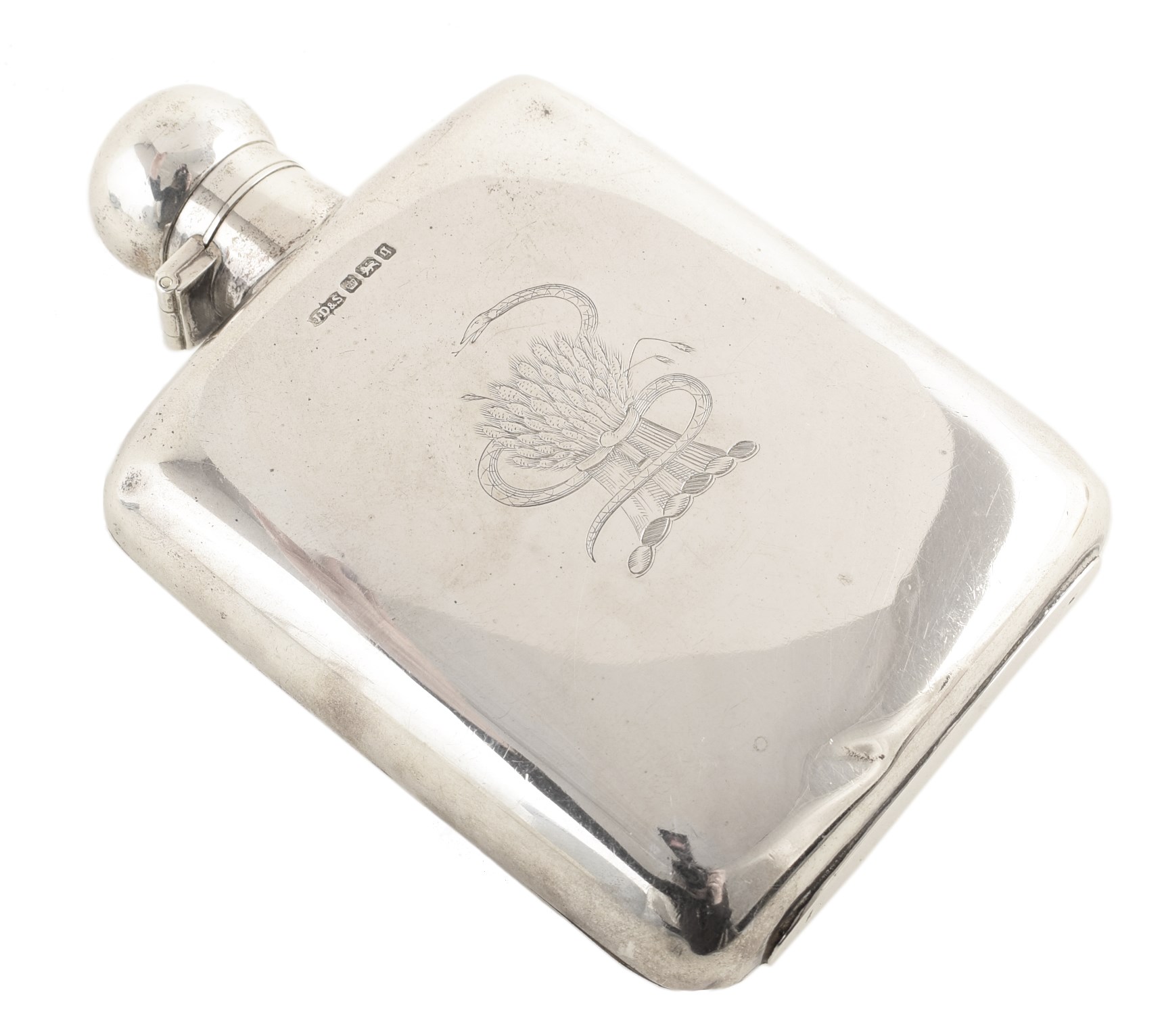 Edwardian silver hip flask , plain polished of rounded rectangular form with engraved crest