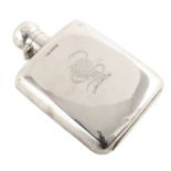 Edwardian silver hip flask , plain polished of rounded rectangular form with engraved crest