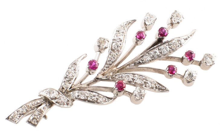 Circa 1950's diamond and ruby 18ct white gold spray brooch , plain polished white gold body milgrain