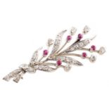 Circa 1950's diamond and ruby 18ct white gold spray brooch , plain polished white gold body milgrain