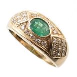 Emerald and diamond 18ct yellow gold ring , central mixed cut oval emerald measuring approx. 6mm x