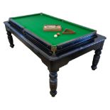 Late 19th century ebonised dining snooker table, the revolving top containing 6' x 3' slate bed