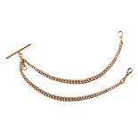 9ct yellow gold double Albert chain, comprising two graduated curb link chains to T-bar link, each