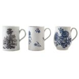 Three Worcester mugs circa 1760-1780 , one printed with Milkmaids and May Day patterns after