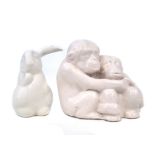 Doulton Lambeth monkey group, in white stoneware, impressed mark to base, also a lop eared rabbit,