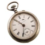 Hausmann & Co silver pocket watch with alarm feature , white enamel dial with Roman numerals and