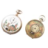 Open face plated pocket watch, case size 50mm, and an open face white metal automaton pocket