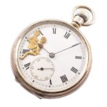 Silver open faced pocket watch, male and female figures to dial, steel movement marked calibre 37,