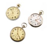 Three white metal military open face pocket watches , one marked 'Orator Watch Co, Precision',