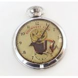 "Guinness Time" chrome pocket watch , dial with glass of Guinness and pecking toucan, steel plate