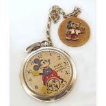 Mickey Mouse Ingersoll pocket watch on chain , yellow hands and red shorts, reverse stamped '