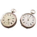 Two silver open faced pocket watches marked H. Samuel, Manchester, one with white enamel dial, Roman