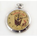 "Guinness Time" chrome pocket watch , glass of Guinness to dial with pecking toucan, steel plate