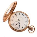 9ct gold 1/2 hunter pocket watch by Doxa , white enamel dial with Arabic numerals and subsidiary